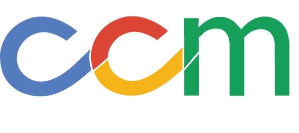 Colorful logo with the letters 'ccm' in blue, red, yellow, and green on a white background